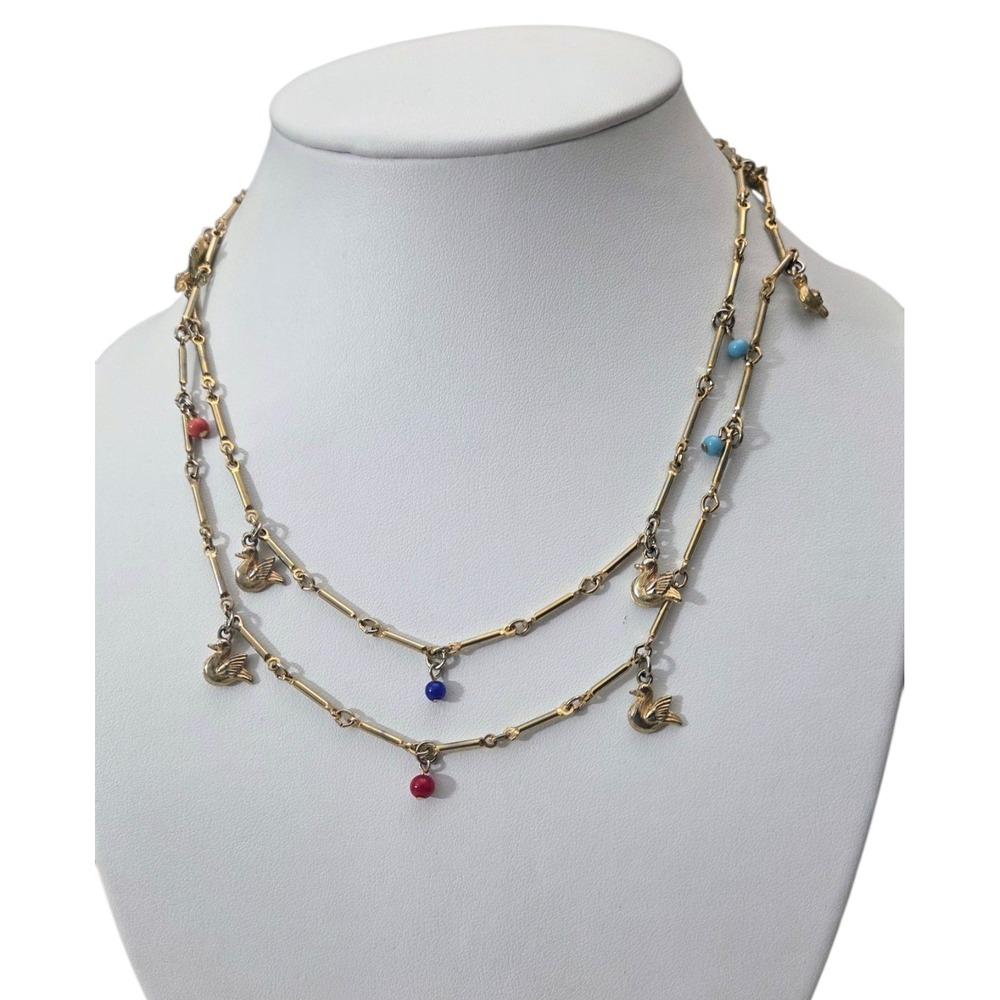Vintage Gold Tone Dangling Birds & Glass Beads Charms‎ Long Strand Necklace 36"